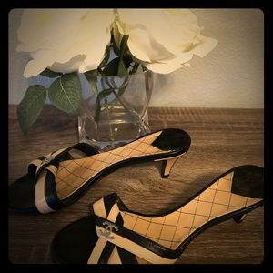 Chanel Black & Tan Heeled Slides